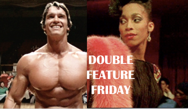 Side-by-side pictures of Arnold Schwarzenegger and Octavia St. Laurent, with the chyron "Double Feature Friday"
