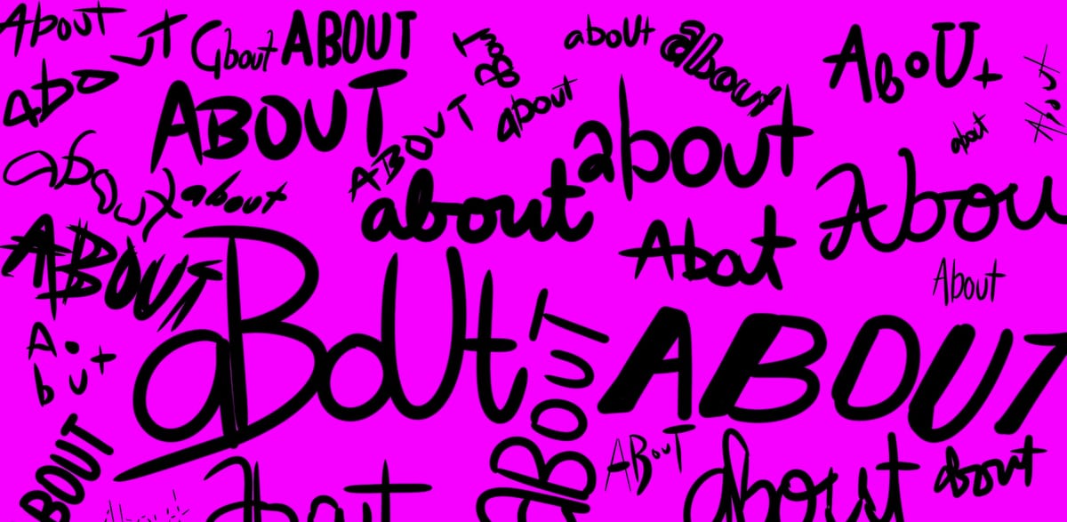 the word about, written all around the image, in different handwritten fonts