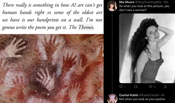 A meme on the left complaining about how AI art can't draw hands right; an unrelated meme on the right showing a bigot transvestigating Julia Louis Dreyfus
